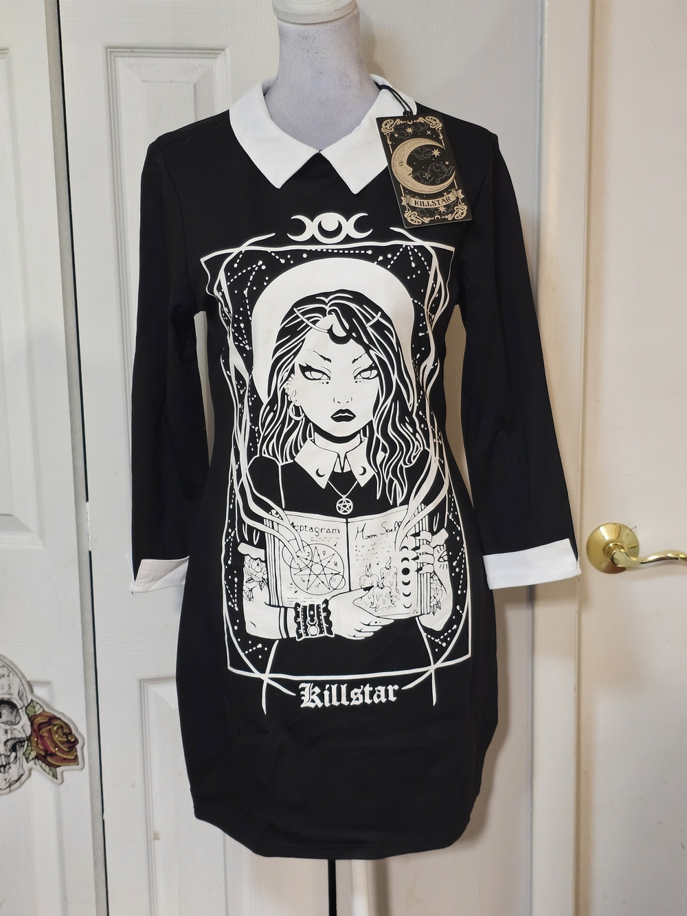 Killstar Black and White Witch Graphic Collared Midi Dress